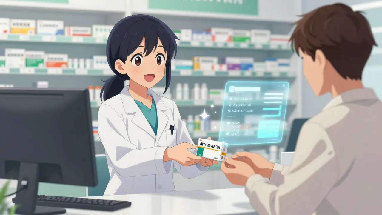 Pharmacist handing generic medication to happy customer in anime style
