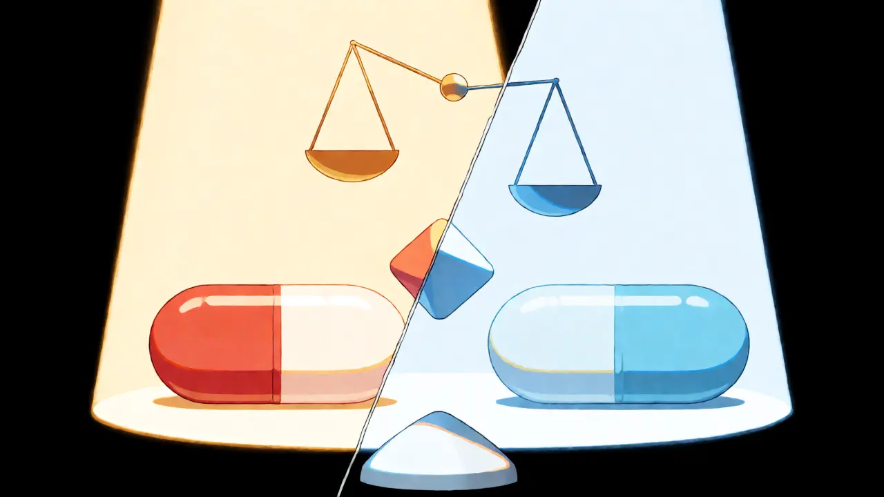 Split-screen anime art comparing a golden brand pill and a blue authorized generic pill separated by a jagged line.