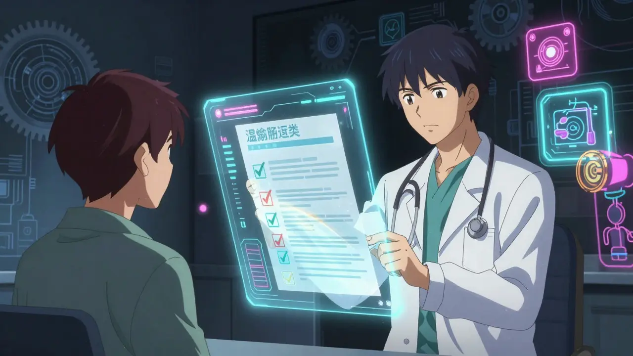 Stylized anime doctor reviewing digital health records via hologram interface.