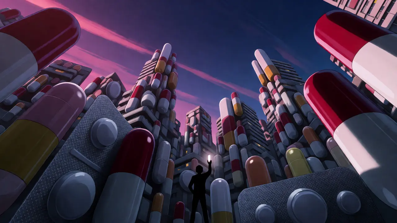 Surreal anime cityscape made of giant pills with a small figure holding a glowing tablet in the foreground.