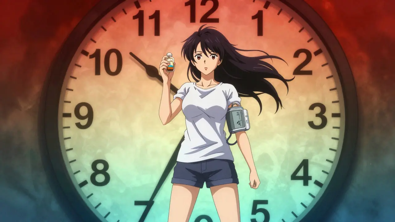 Woman holding medication in front of a fast-moving clock