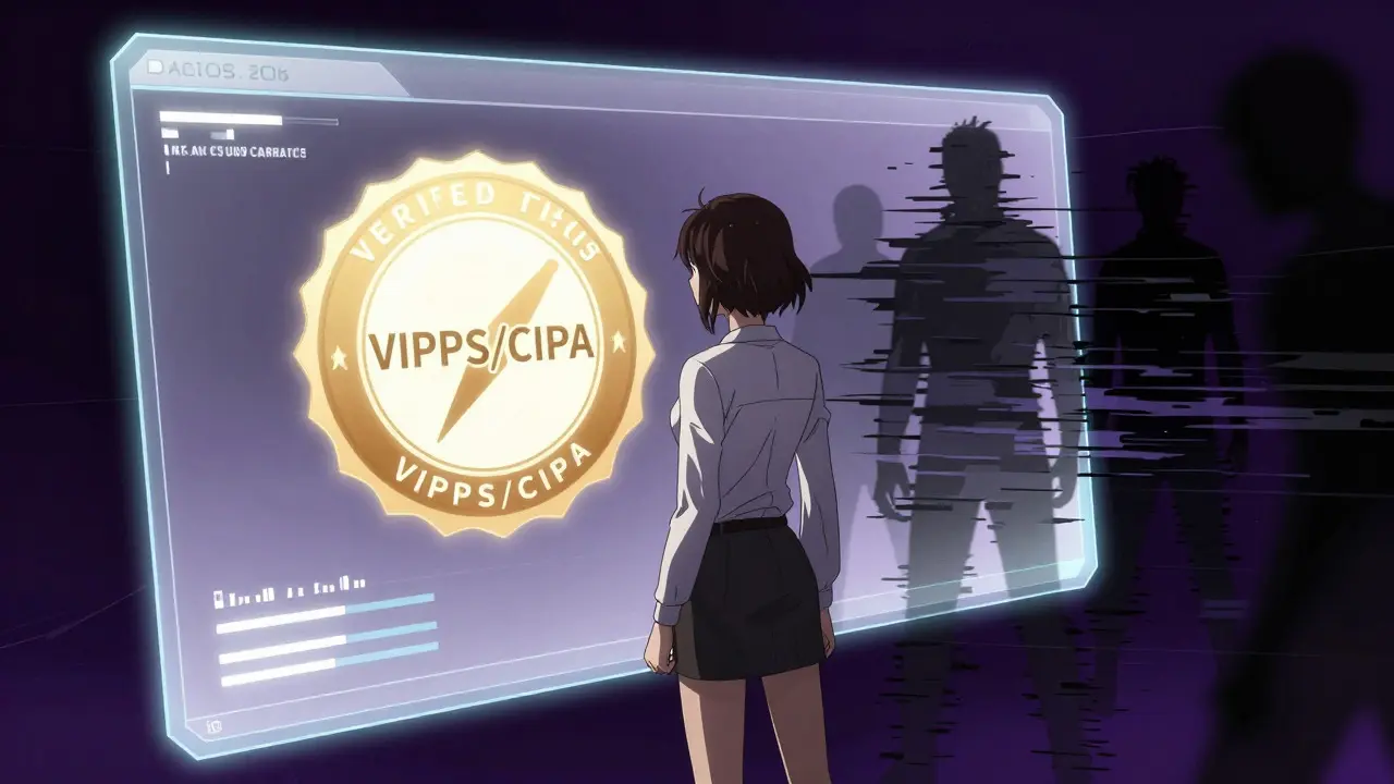 Woman verifying safe online pharmacy against shadowy threats