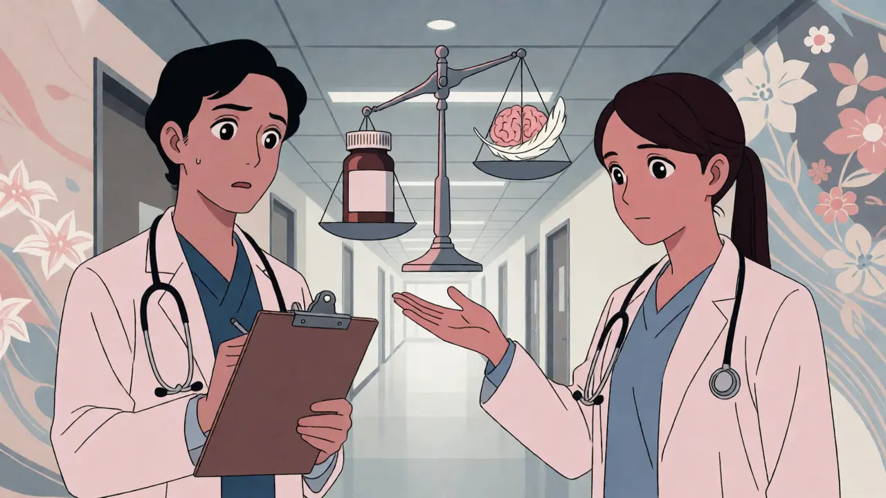 Anime illustration of doctors collaborating to manage steroid-induced psychiatric side effects
