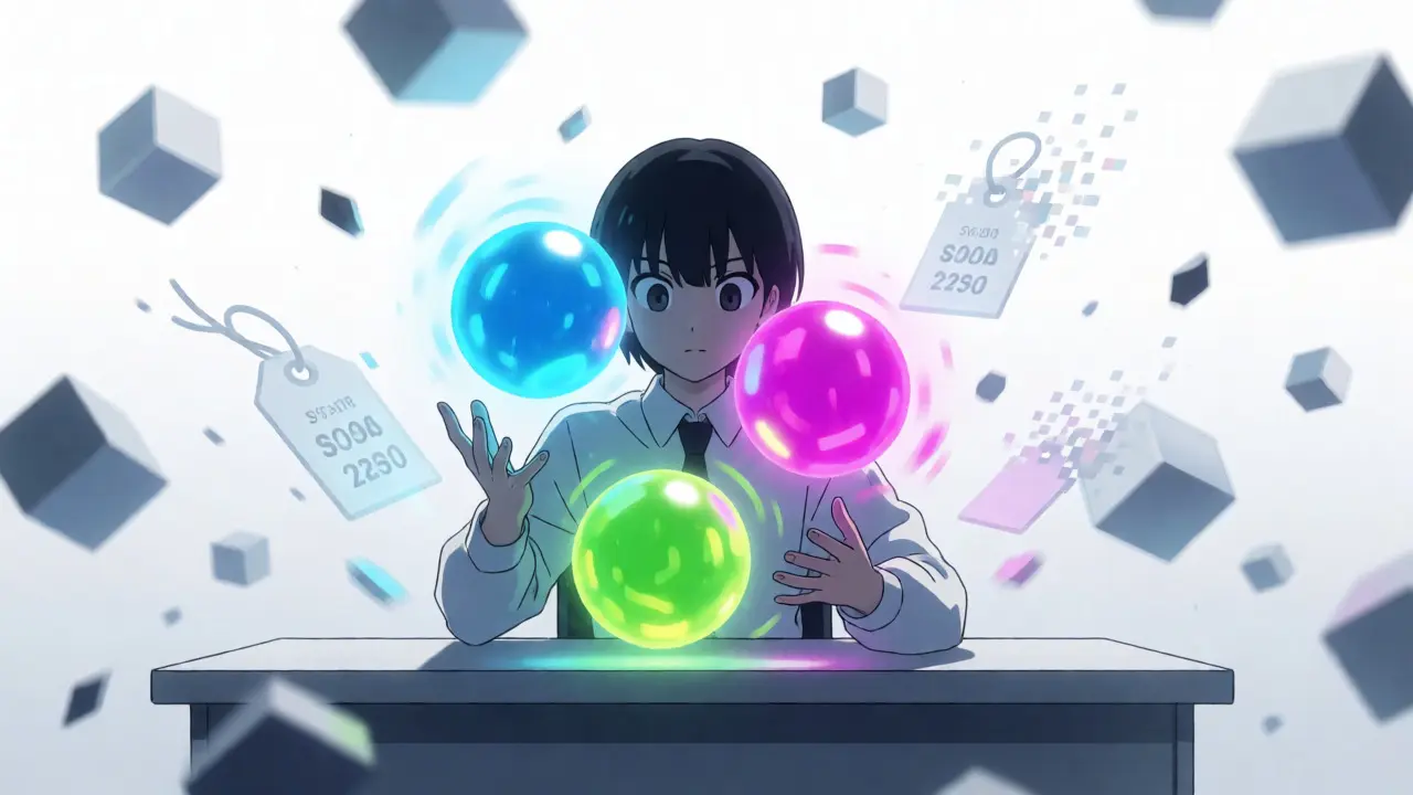 Character juggling glowing app orbs while comparing drug prices
