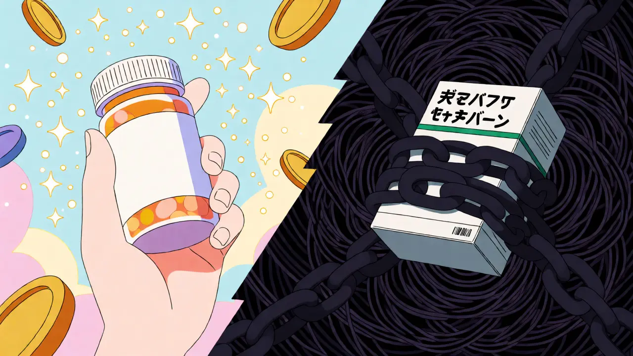 Split screen showing cheap generic drugs vs expensive brand names
